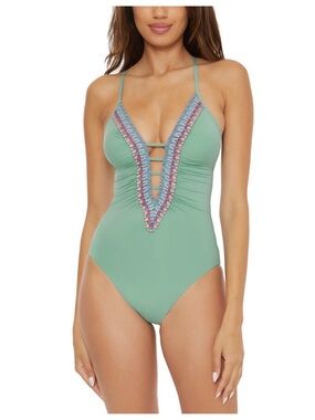 NWT- Becca Women’s Teal Fiesta Plunge Crochet One Piece Swimsuit